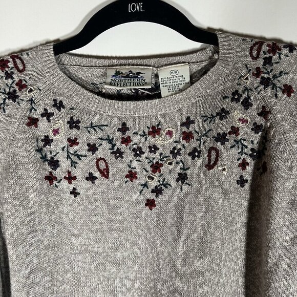 Vintage 90s Northern Reflections oatmeal crewneck sweater floral embroidery sz M - Picture 2 of 11
